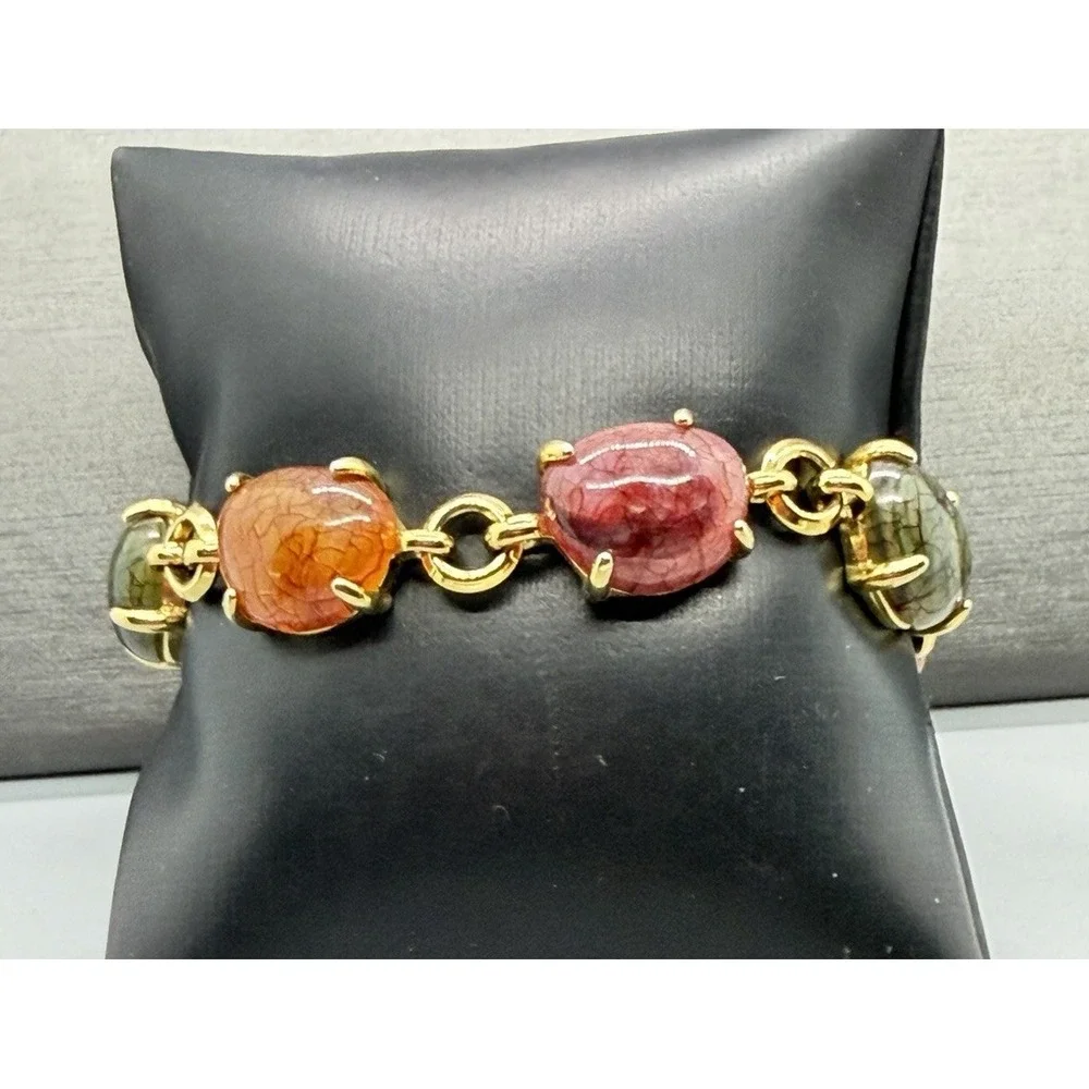 Liz Claiborne Acrylic Bracelet Gold Tone Link Multicolor Cabochon Chunky Vintage - Picture 13 of 13
